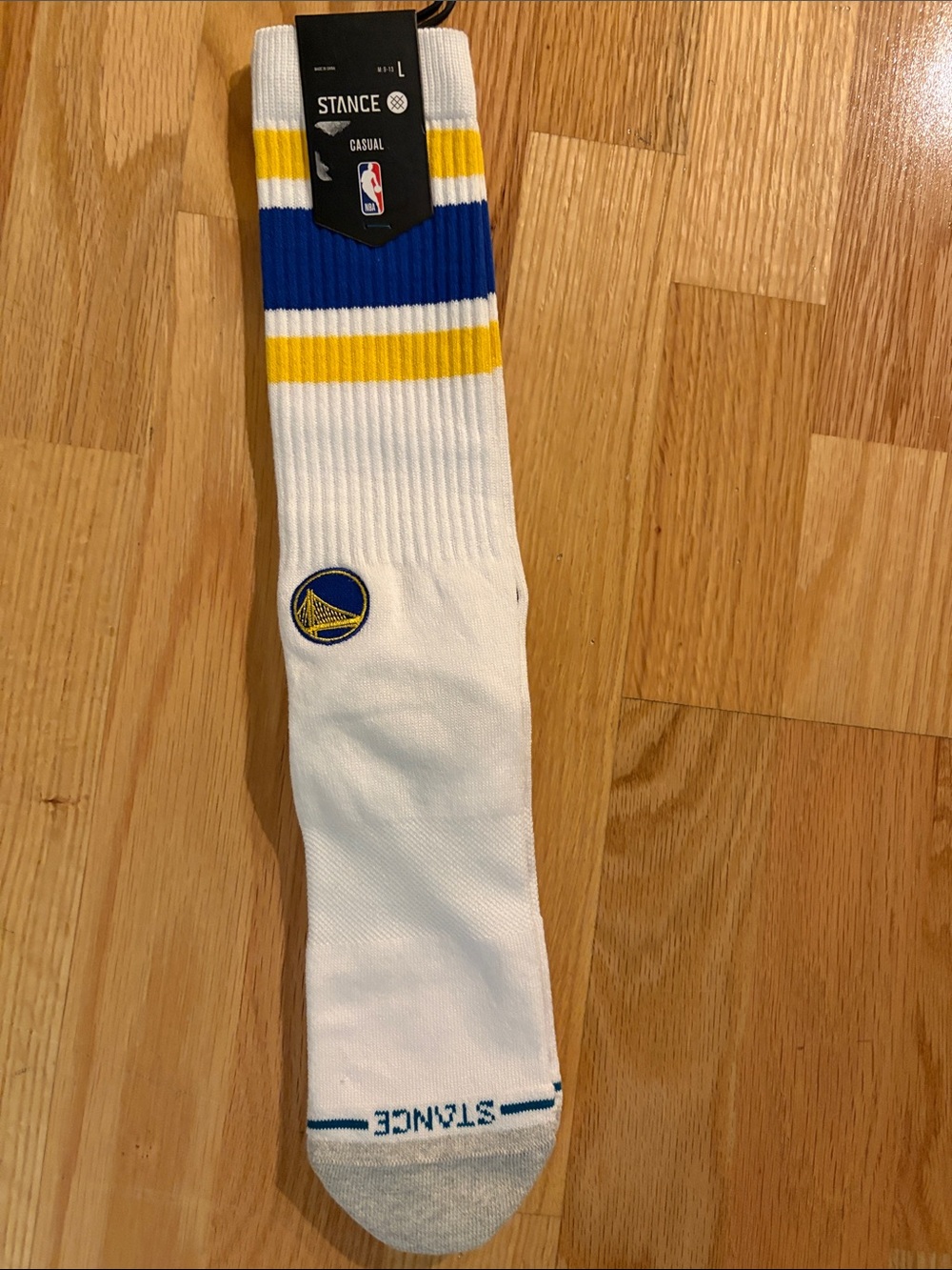 Stance White Crew Socks with Blue and Yellow Stripe Accents